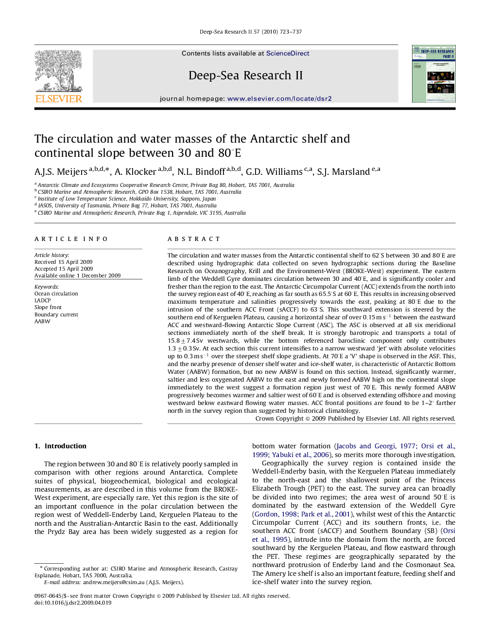 The circulation and water masses of the Antarctic shelf and continental slope between 30 and 80âE