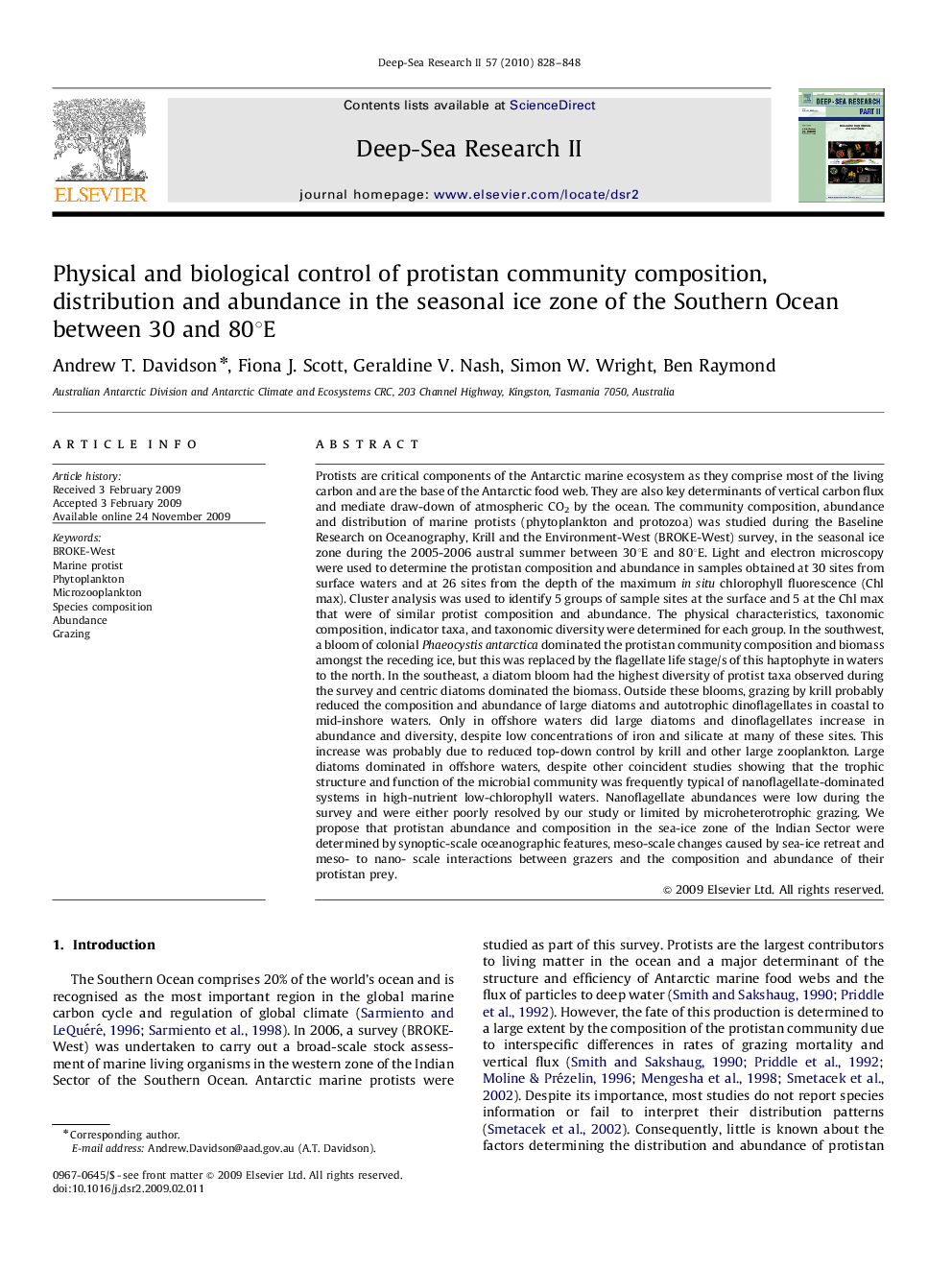 Physical and biological control of protistan community composition, distribution and abundance in the seasonal ice zone of the Southern Ocean between 30 and 80Â°E