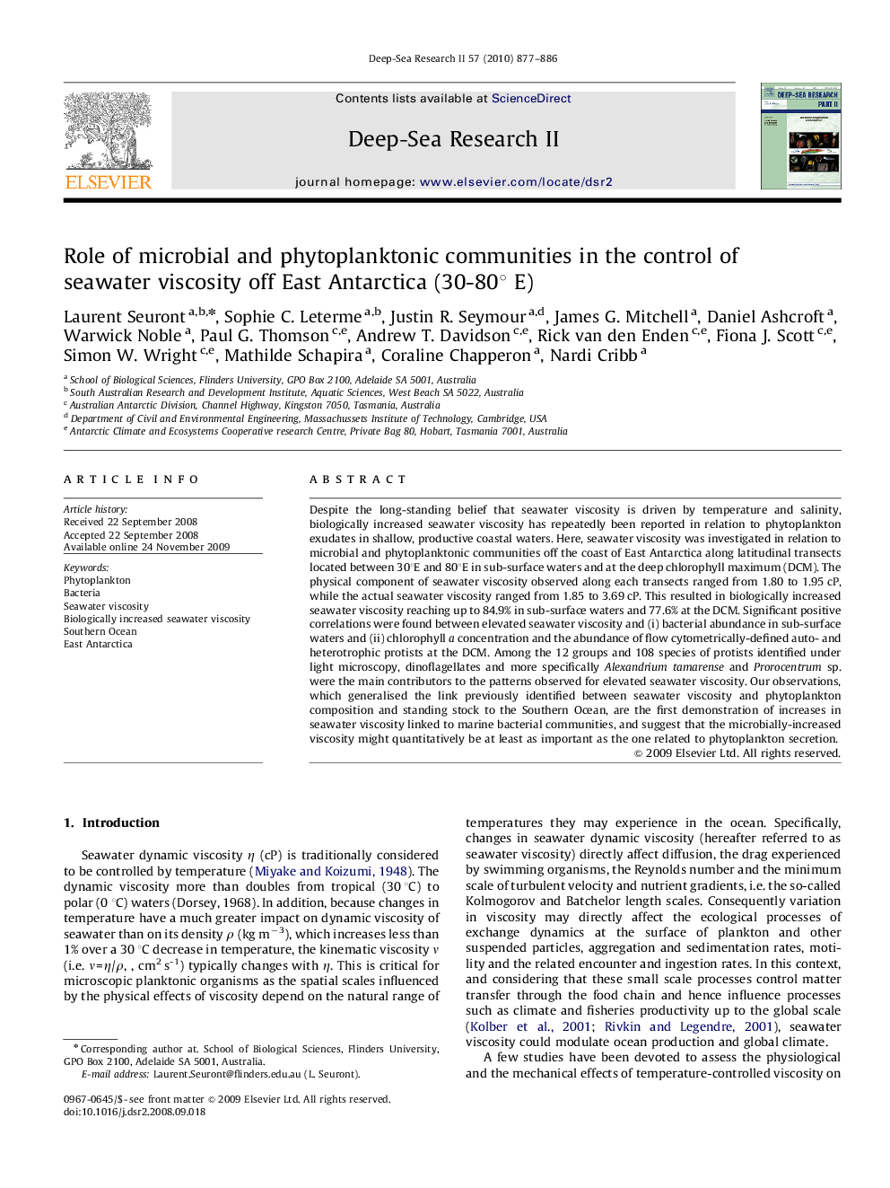 Role of microbial and phytoplanktonic communities in the control of seawater viscosity off East Antarctica (30-80° E)