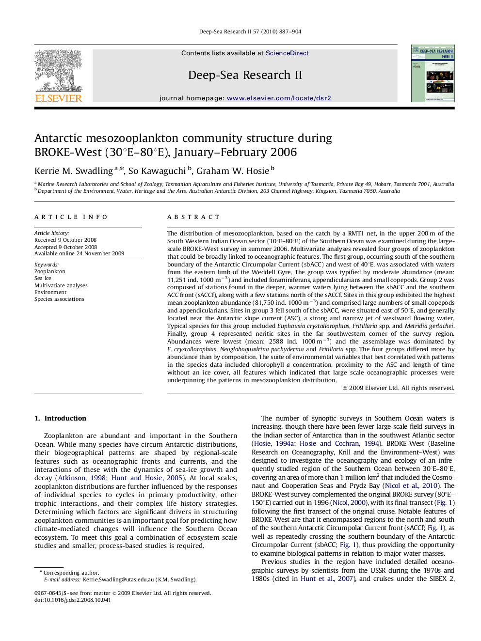 Antarctic mesozooplankton community structure during BROKE-West (30°E–80°E), January–February 2006