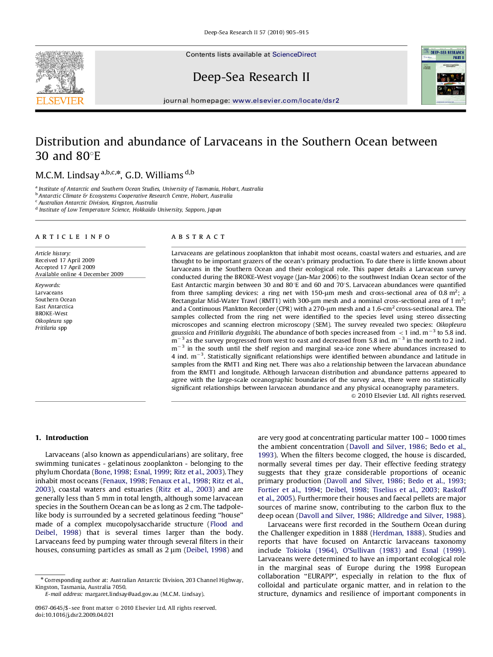 Distribution and abundance of Larvaceans in the Southern Ocean between 30 and 80°E