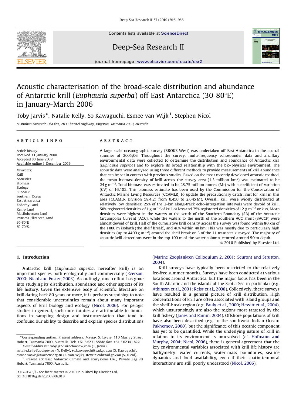 Acoustic characterisation of the broad-scale distribution and abundance of Antarctic krill (Euphausia superba) off East Antarctica (30-80°E) in January-March 2006