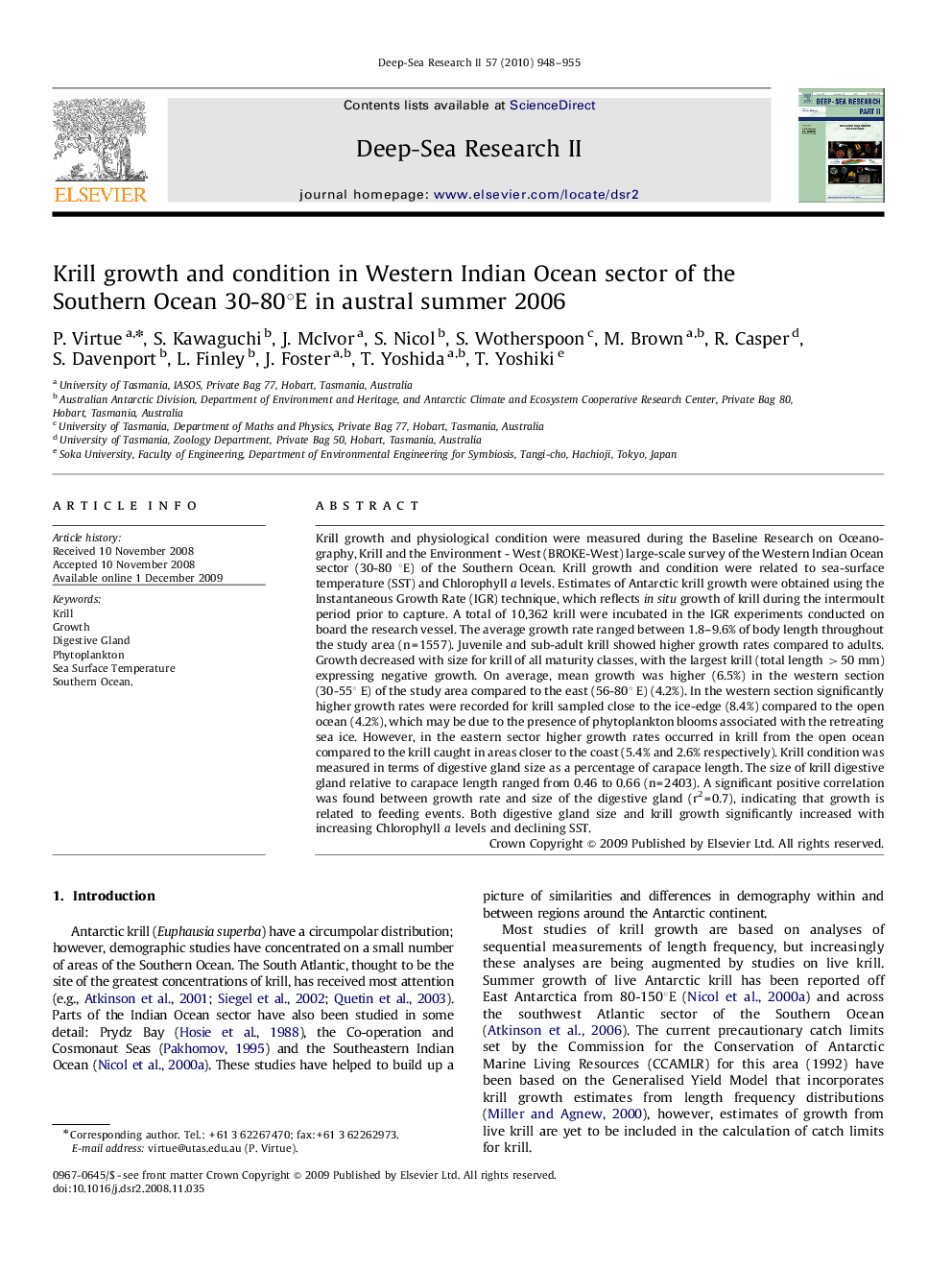 Krill growth and condition in Western Indian Ocean sector of the Southern Ocean 30-80°E in austral summer 2006