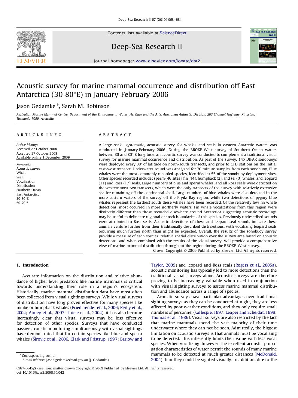 Acoustic survey for marine mammal occurrence and distribution off East Antarctica (30-80°E) in January-February 2006