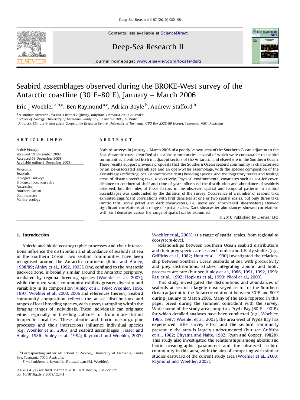 Seabird assemblages observed during the BROKE-West survey of the Antarctic coastline (30°E–80°E), January – March 2006