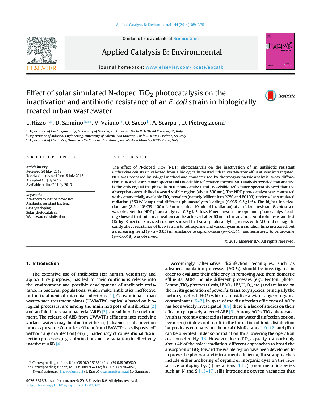 Effect of solar simulated N-doped TiO2 photocatalysis on the inactivation and antibiotic resistance of an E. coli strain in biologically treated urban wastewater