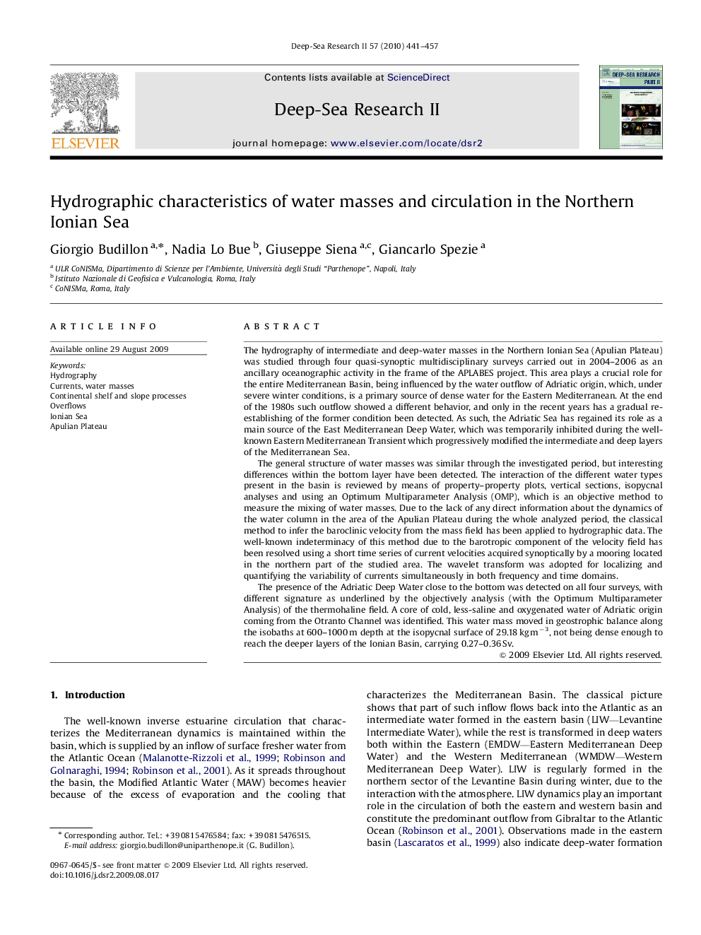 Hydrographic characteristics of water masses and circulation in the Northern Ionian Sea