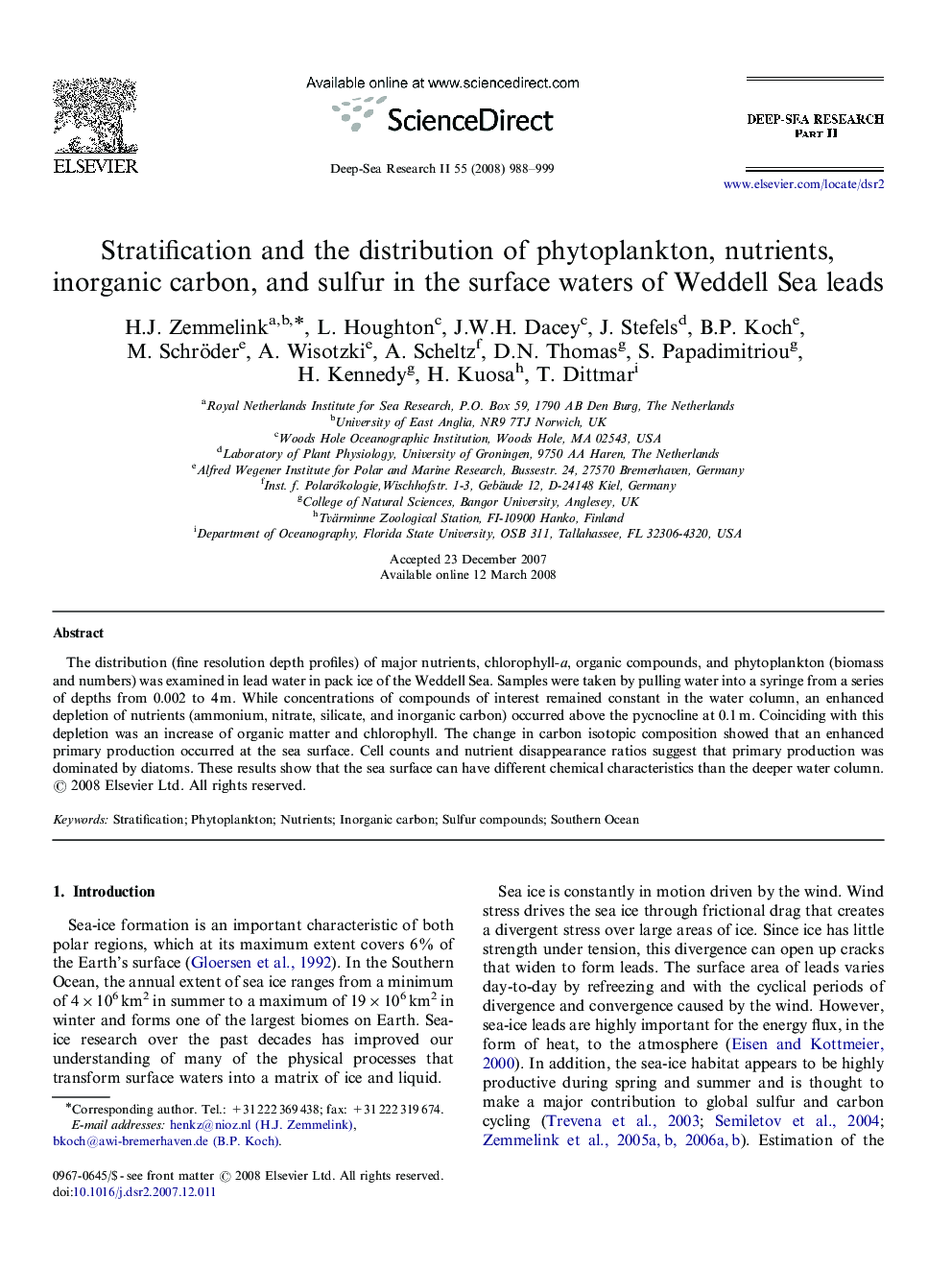 Stratification and the distribution of phytoplankton, nutrients, inorganic carbon, and sulfur in the surface waters of Weddell Sea leads