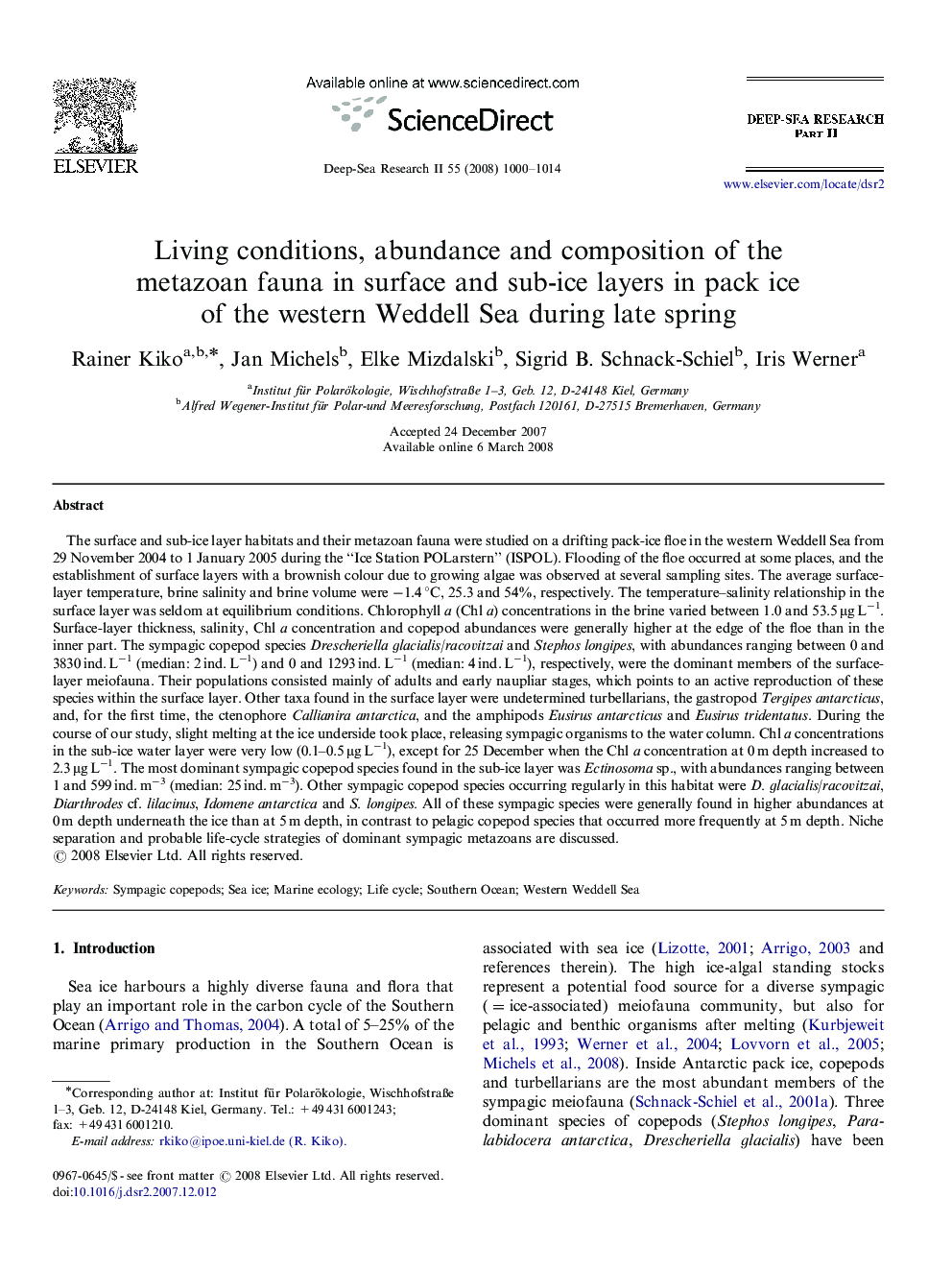 Living conditions, abundance and composition of the metazoan fauna in surface and sub-ice layers in pack ice of the western Weddell Sea during late spring