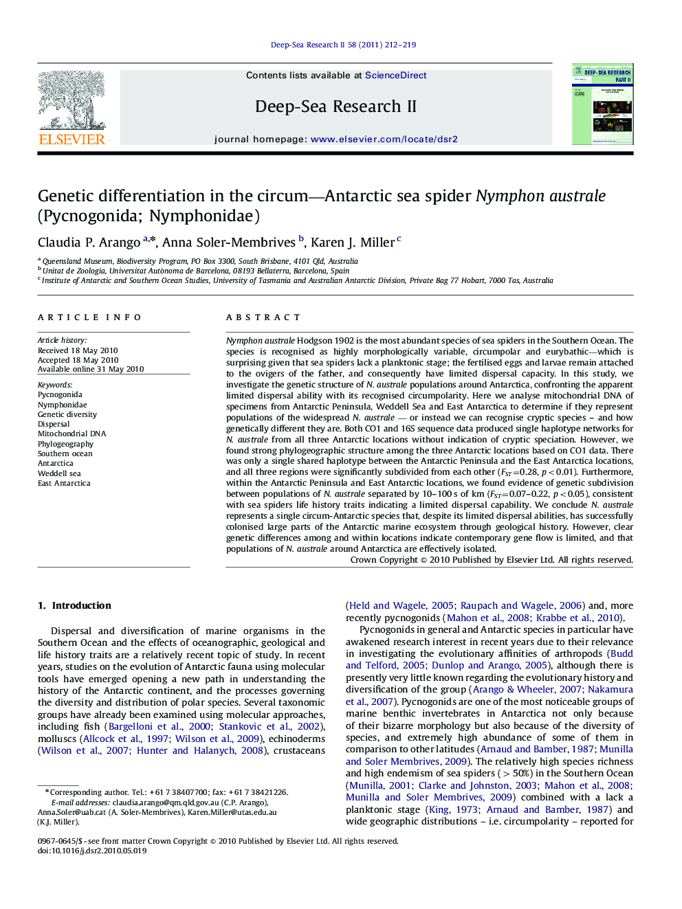 Genetic differentiation in the circum—Antarctic sea spider Nymphon australe (Pycnogonida; Nymphonidae)