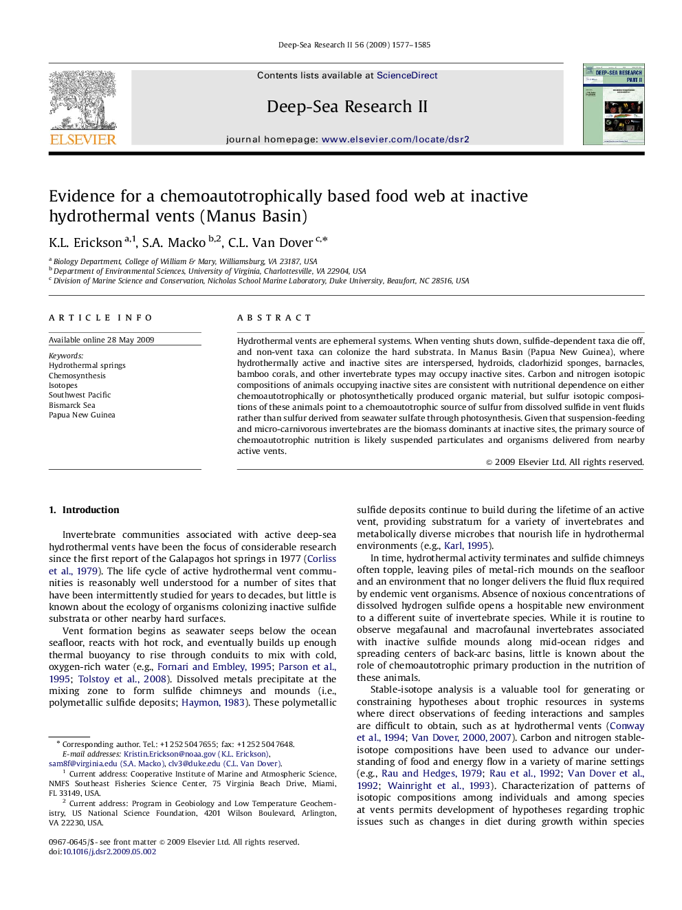 Evidence for a chemoautotrophically based food web at inactive hydrothermal vents (Manus Basin)