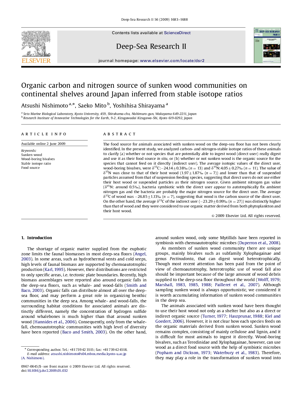 Organic carbon and nitrogen source of sunken wood communities on continental shelves around Japan inferred from stable isotope ratios