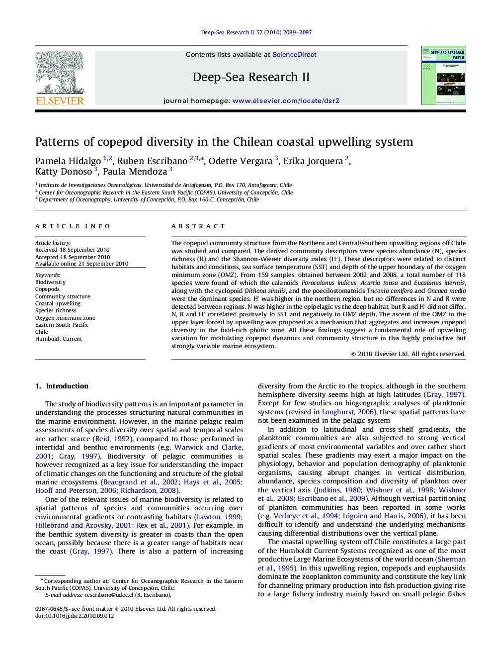 Patterns of copepod diversity in the Chilean coastal upwelling system