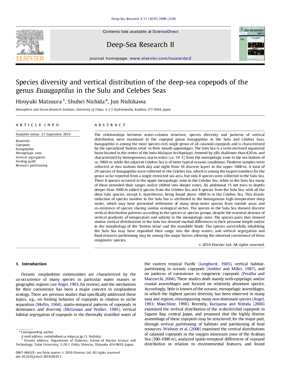 Species diversity and vertical distribution of the deep-sea copepods of the genus Euaugaptilus in the Sulu and Celebes Seas