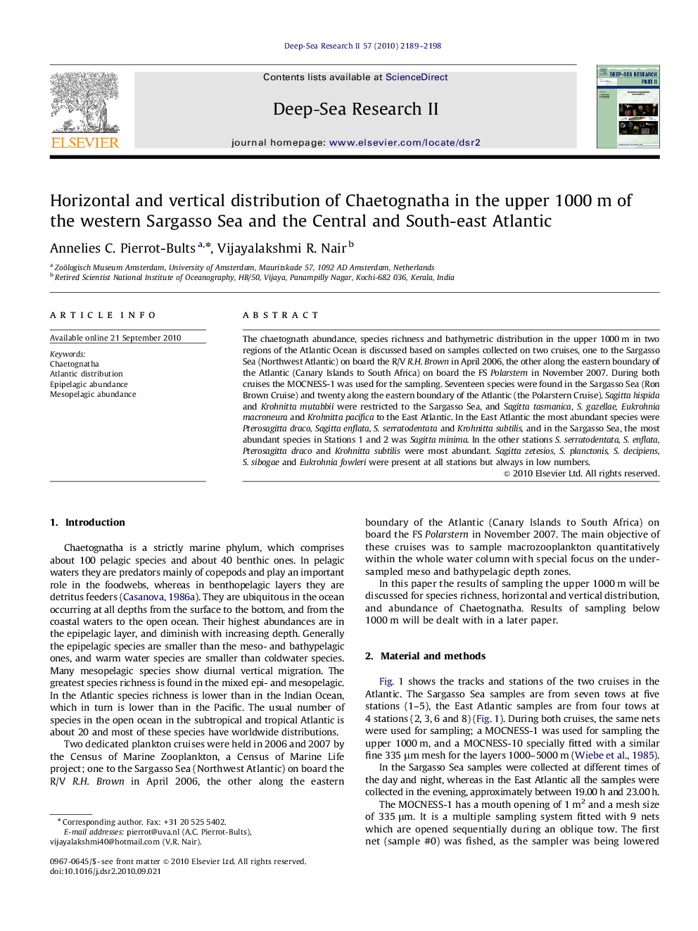 Horizontal and vertical distribution of Chaetognatha in the upper 1000 m of the western Sargasso Sea and the Central and South-east Atlantic