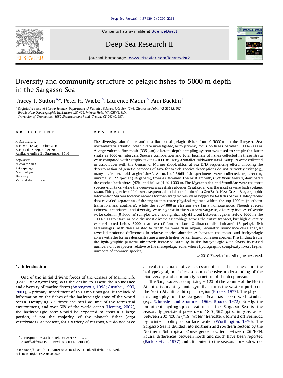 Diversity and community structure of pelagic fishes to 5000 m depth in the Sargasso Sea