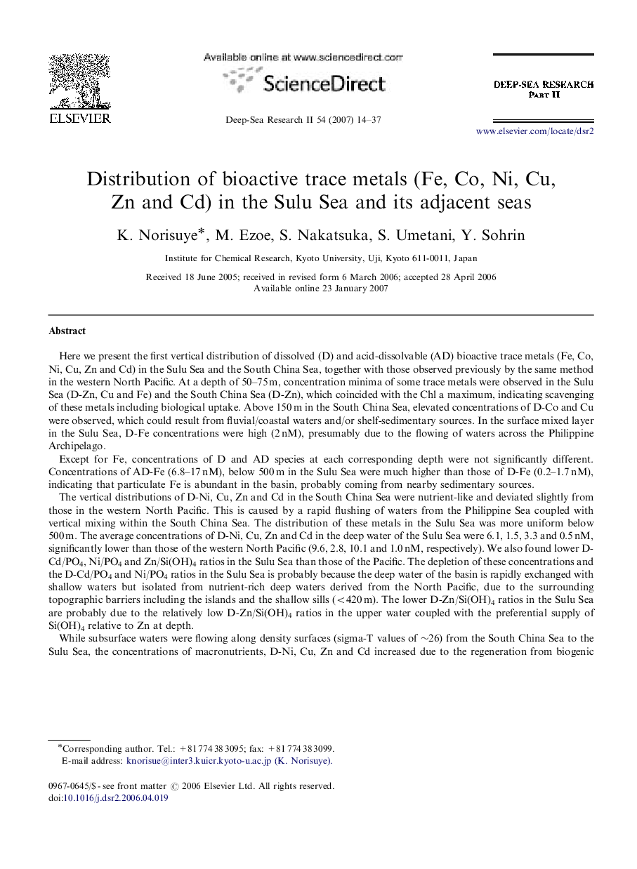 Distribution of bioactive trace metals (Fe, Co, Ni, Cu, Zn and Cd) in the Sulu Sea and its adjacent seas