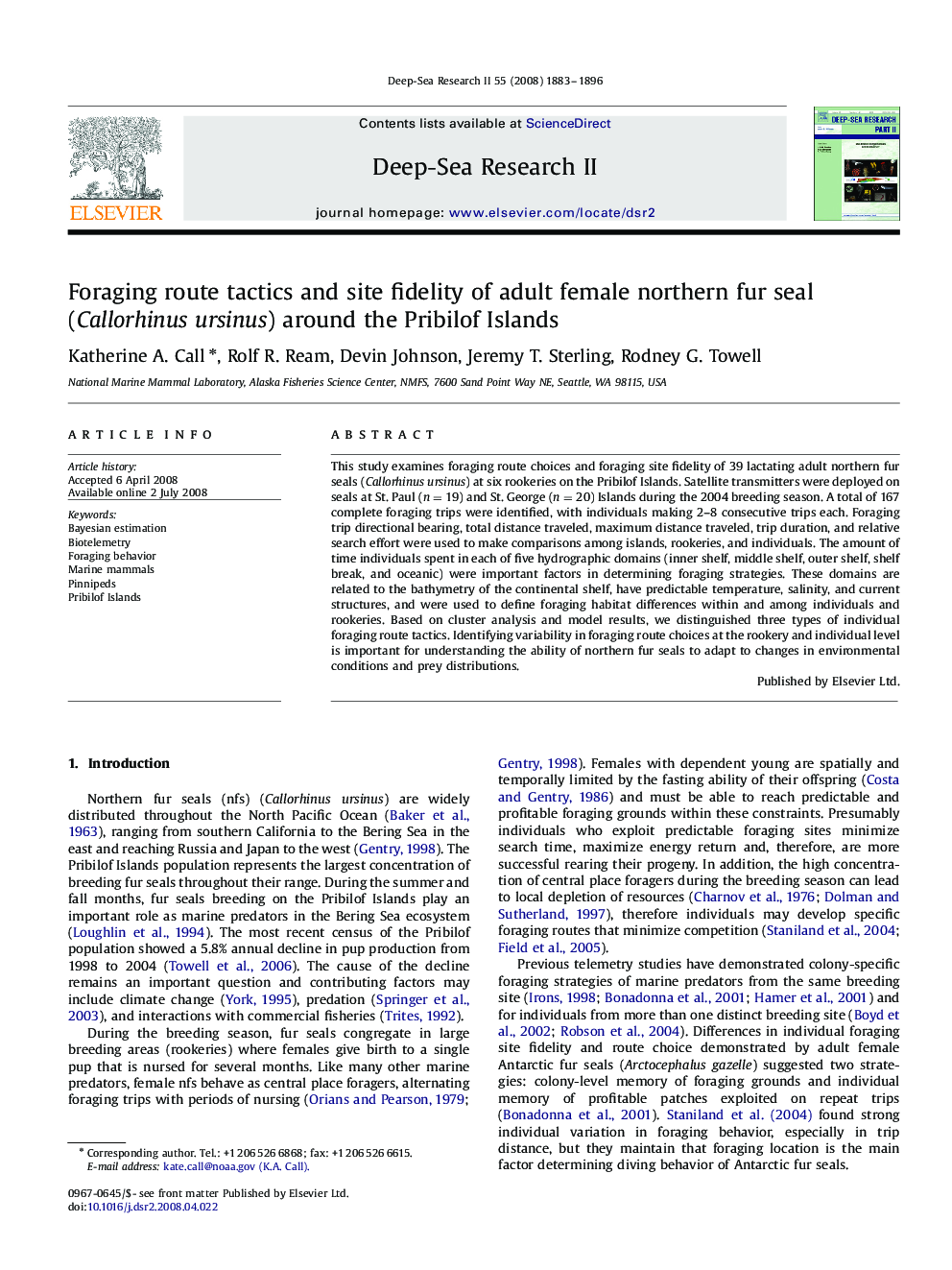 Foraging route tactics and site fidelity of adult female northern fur seal (Callorhinus ursinus) around the Pribilof Islands