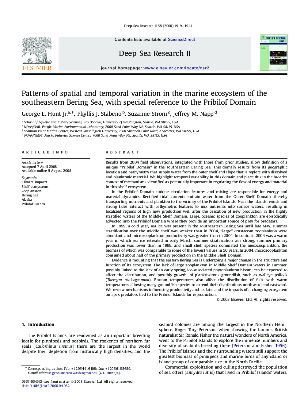 Patterns of spatial and temporal variation in the marine ecosystem of the southeastern Bering Sea, with special reference to the Pribilof Domain