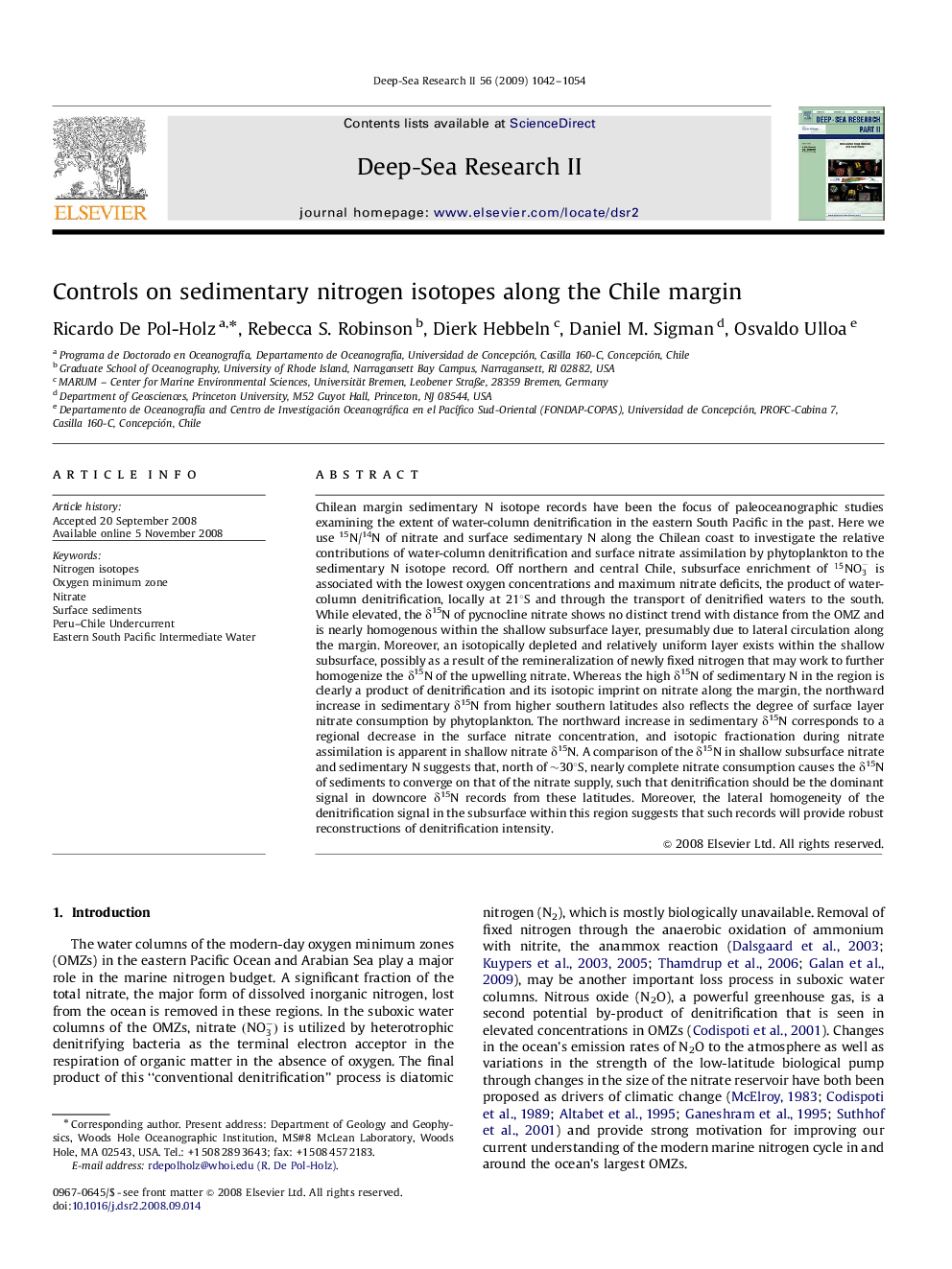 Controls on sedimentary nitrogen isotopes along the Chile margin