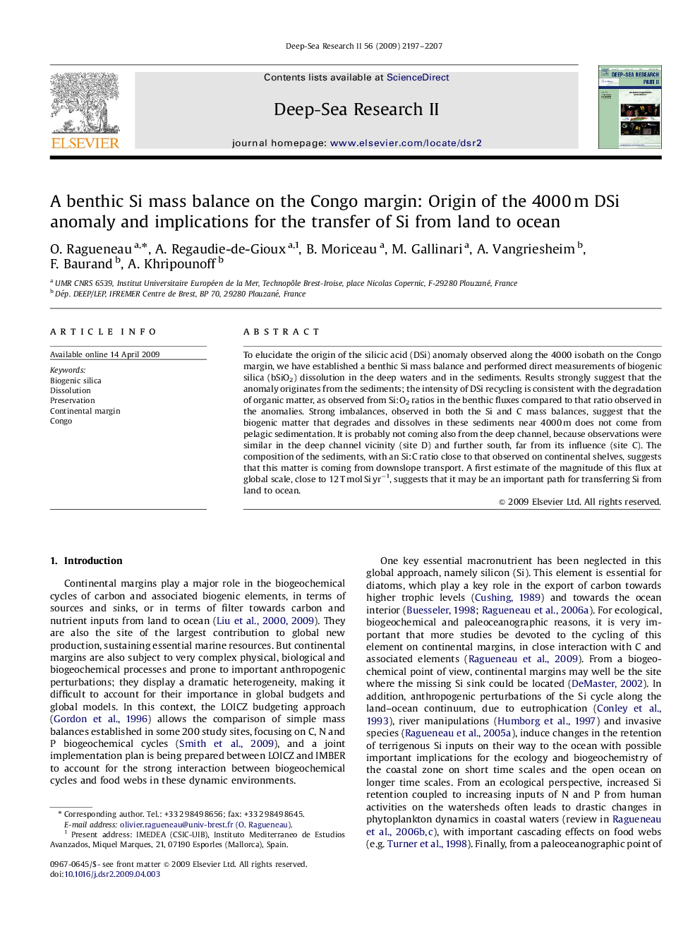 A benthic Si mass balance on the Congo margin: Origin of the 4000 m DSi anomaly and implications for the transfer of Si from land to ocean