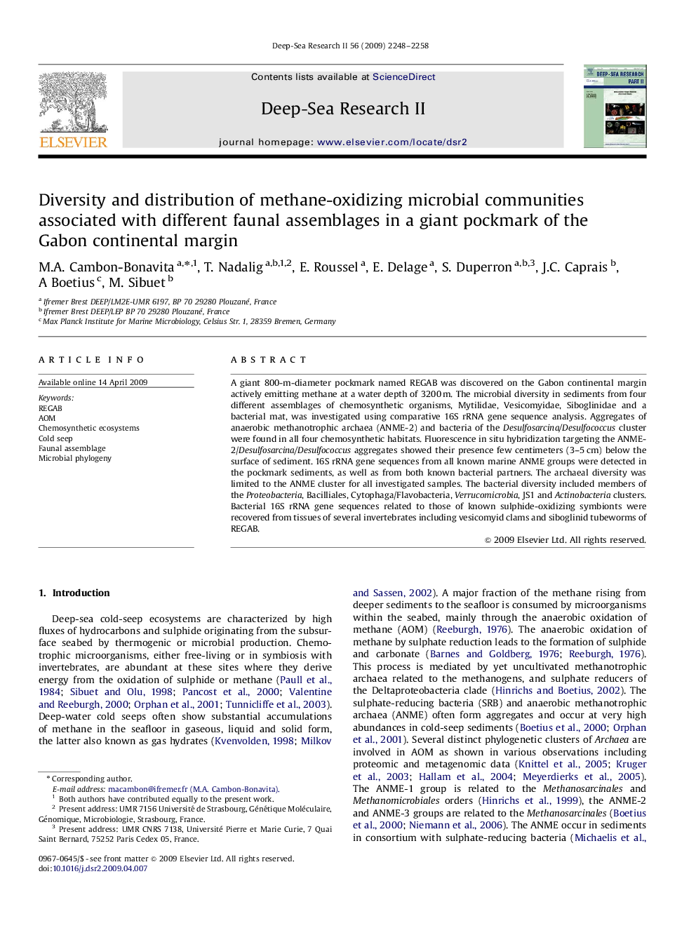 Diversity and distribution of methane-oxidizing microbial communities associated with different faunal assemblages in a giant pockmark of the Gabon continental margin