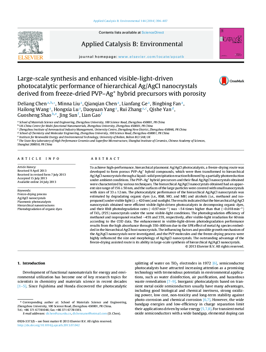 Large-scale synthesis and enhanced visible-light-driven photocatalytic performance of hierarchical Ag/AgCl nanocrystals derived from freeze-dried PVP–Ag+ hybrid precursors with porosity