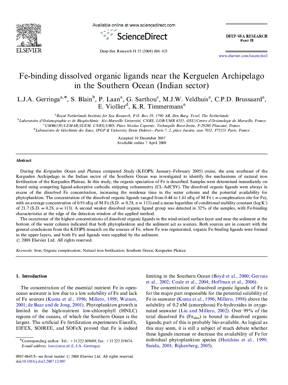 Fe-binding dissolved organic ligands near the Kerguelen Archipelago in the Southern Ocean (Indian sector)