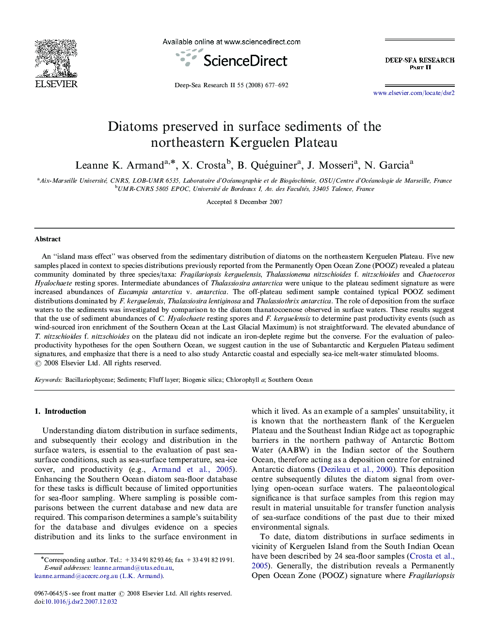 Diatoms preserved in surface sediments of the northeastern Kerguelen Plateau