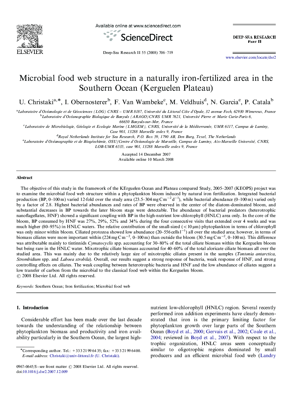 Microbial food web structure in a naturally iron-fertilized area in the Southern Ocean (Kerguelen Plateau)