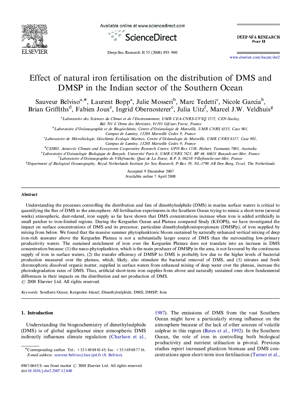 Effect of natural iron fertilisation on the distribution of DMS and DMSP in the Indian sector of the Southern Ocean