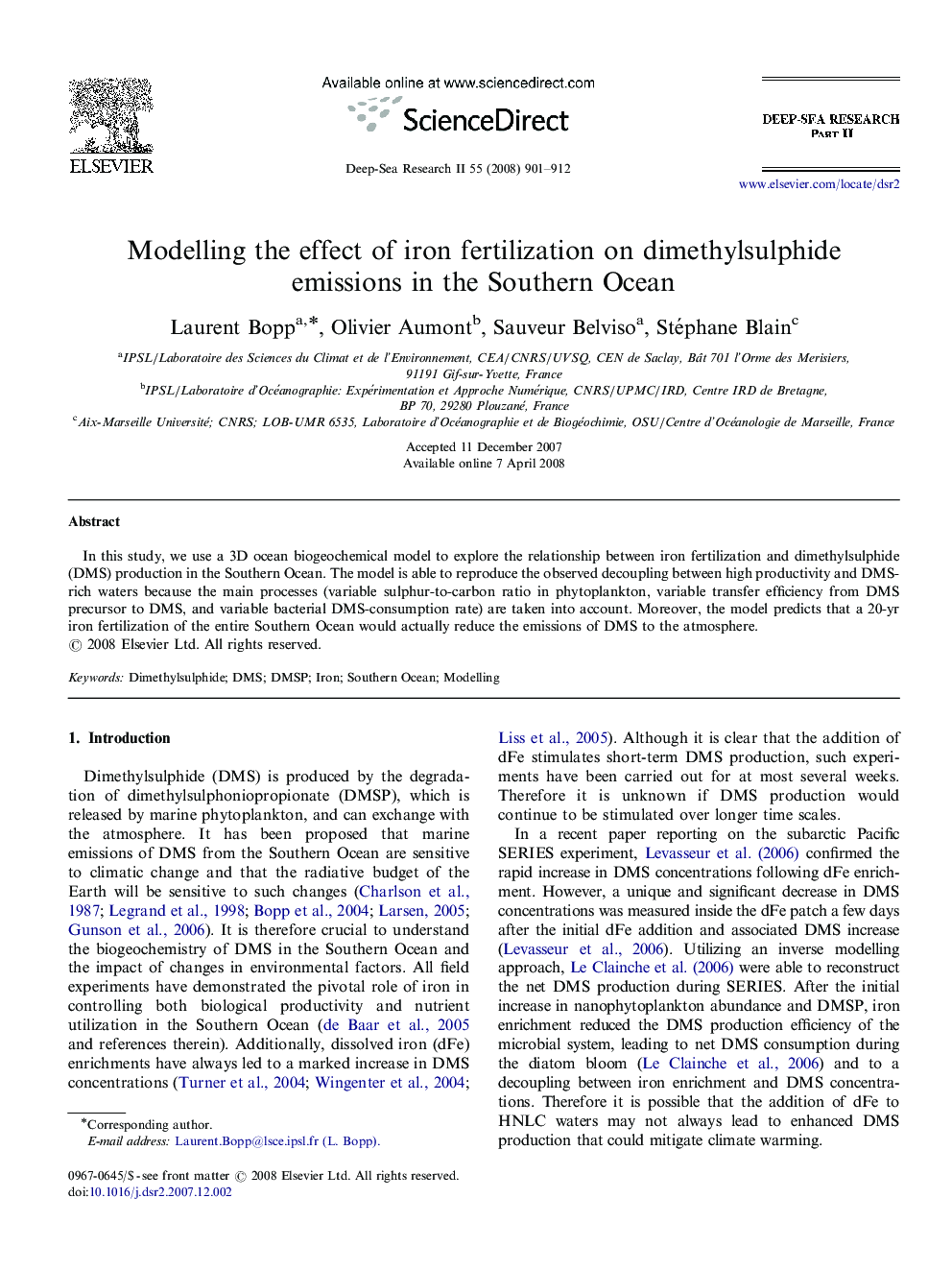 Modelling the effect of iron fertilization on dimethylsulphide emissions in the Southern Ocean