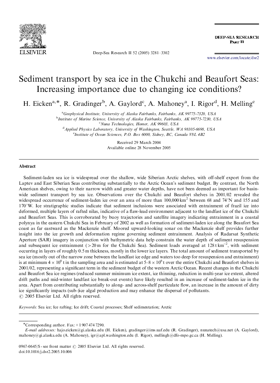 Sediment transport by sea ice in the Chukchi and Beaufort Seas: Increasing importance due to changing ice conditions?