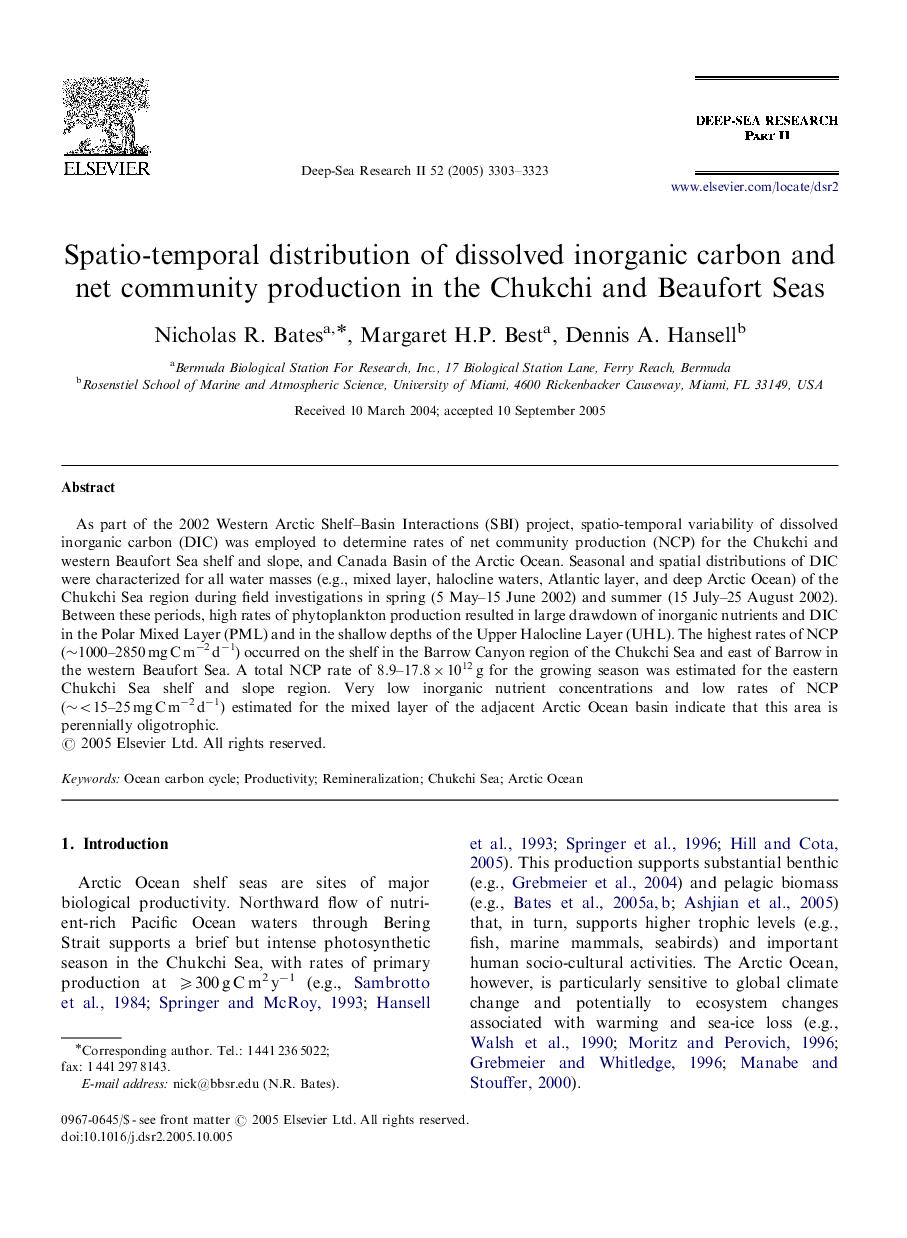 Spatio-temporal distribution of dissolved inorganic carbon and net community production in the Chukchi and Beaufort Seas