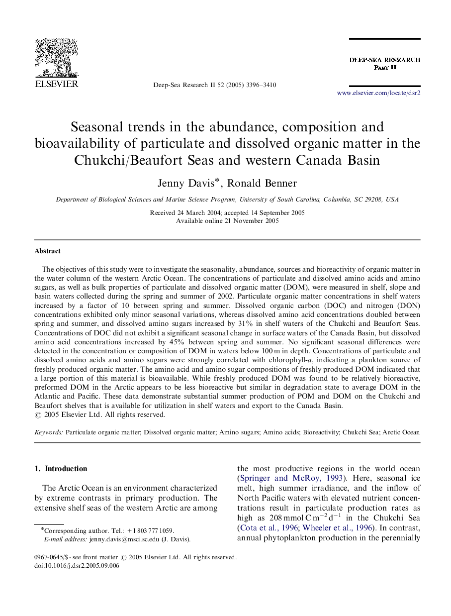 Seasonal trends in the abundance, composition and bioavailability of particulate and dissolved organic matter in the Chukchi/Beaufort Seas and western Canada Basin