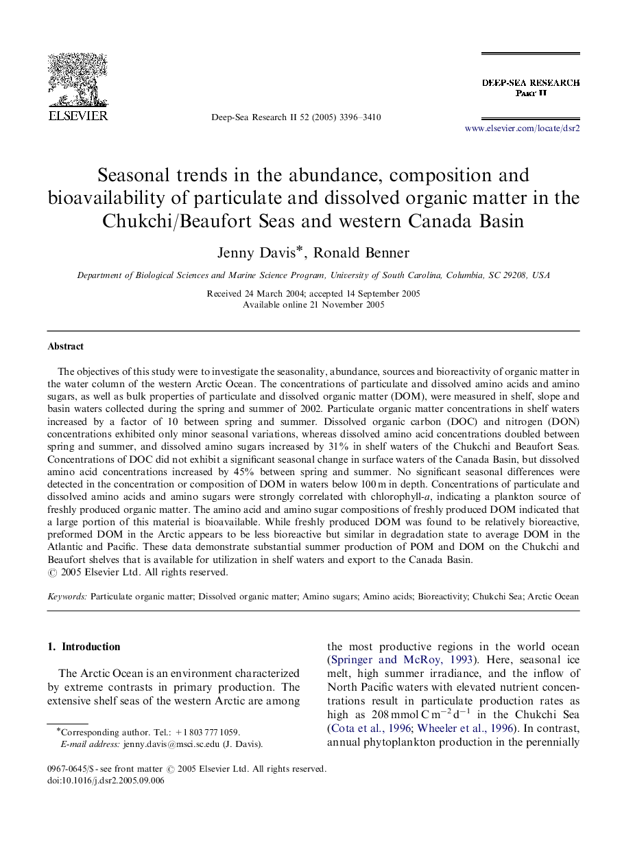 عکس صفحه اول مقاله: Seasonal trends in the abundance, composition and bioavailability of particulate and dissolved organic matter in the Chukchi/Beaufort Seas and western Canada Basin Seasonal trends in the abundance, composition and bioavailability of particulate and dissolved organic matter in the Chukchi/Beaufort Seas and western Canada Basin