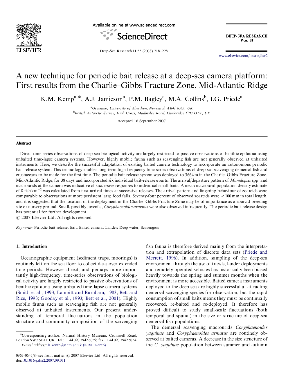 A new technique for periodic bait release at a deep-sea camera platform: First results from the Charlie–Gibbs Fracture Zone, Mid-Atlantic Ridge