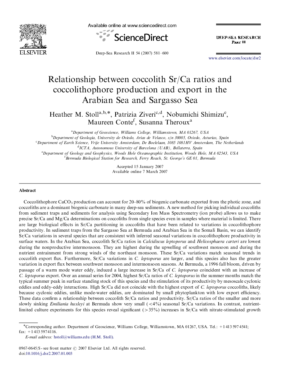 Relationship between coccolith Sr/Ca ratios and coccolithophore production and export in the Arabian Sea and Sargasso Sea