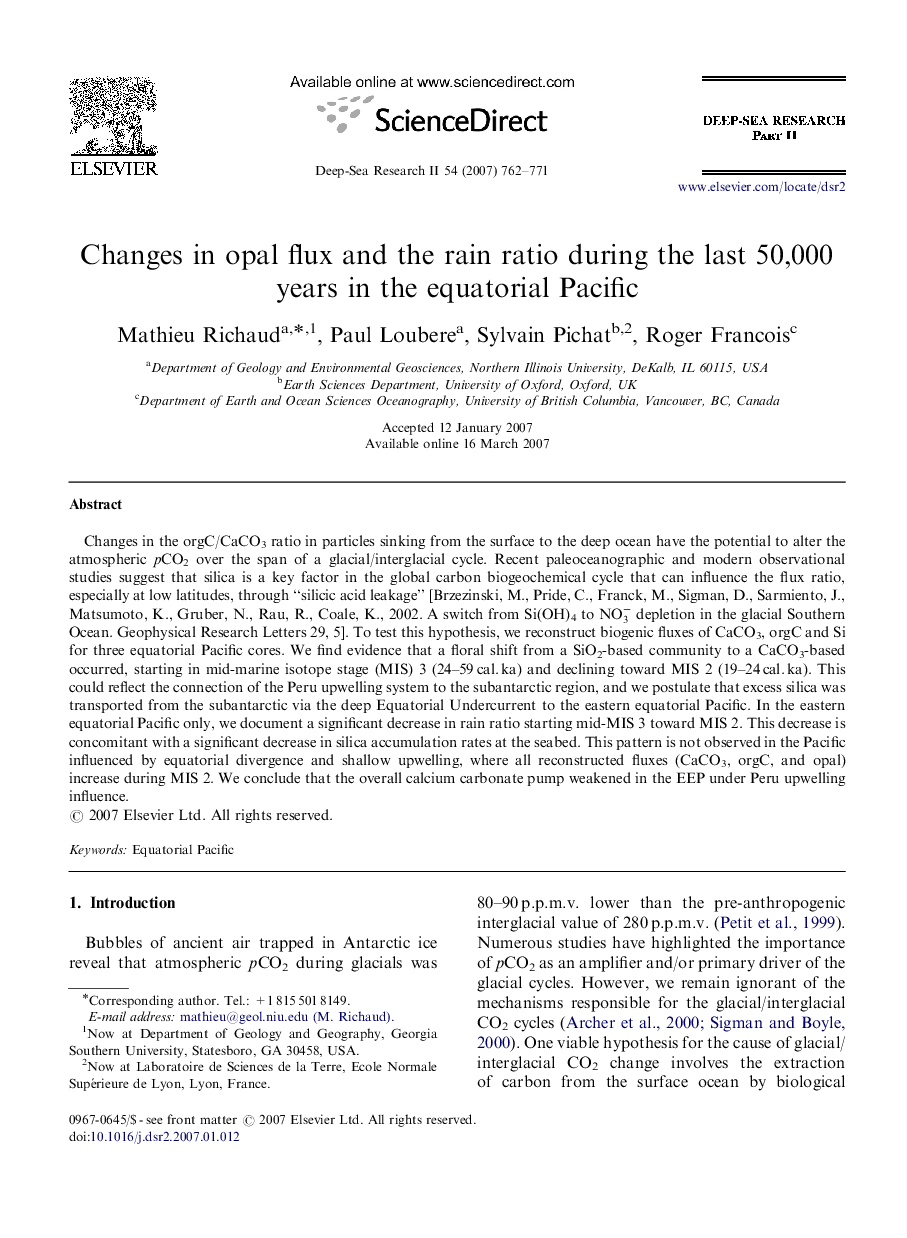 Changes in opal flux and the rain ratio during the last 50,000 years in the equatorial Pacific