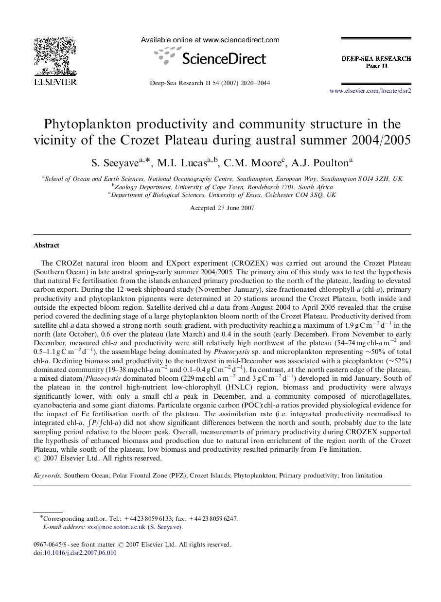 Phytoplankton productivity and community structure in the vicinity of the Crozet Plateau during austral summer 2004/2005