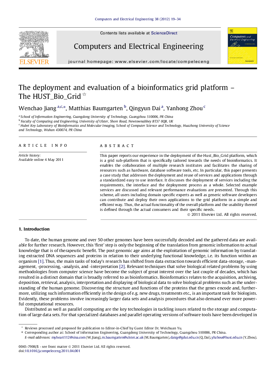 The deployment and evaluation of a bioinformatics grid platform – The HUST_Bio_Grid 