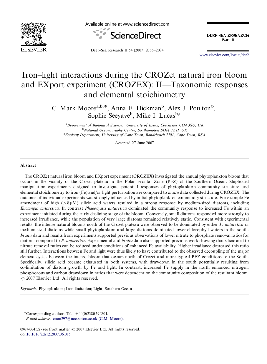 Iron-light interactions during the CROZet natural iron bloom and EXport experiment (CROZEX): II-Taxonomic responses and elemental stoichiometry