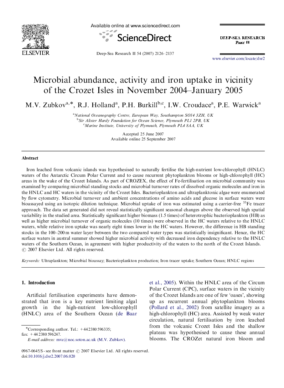 Microbial abundance, activity and iron uptake in vicinity of the Crozet Isles in November 2004–January 2005