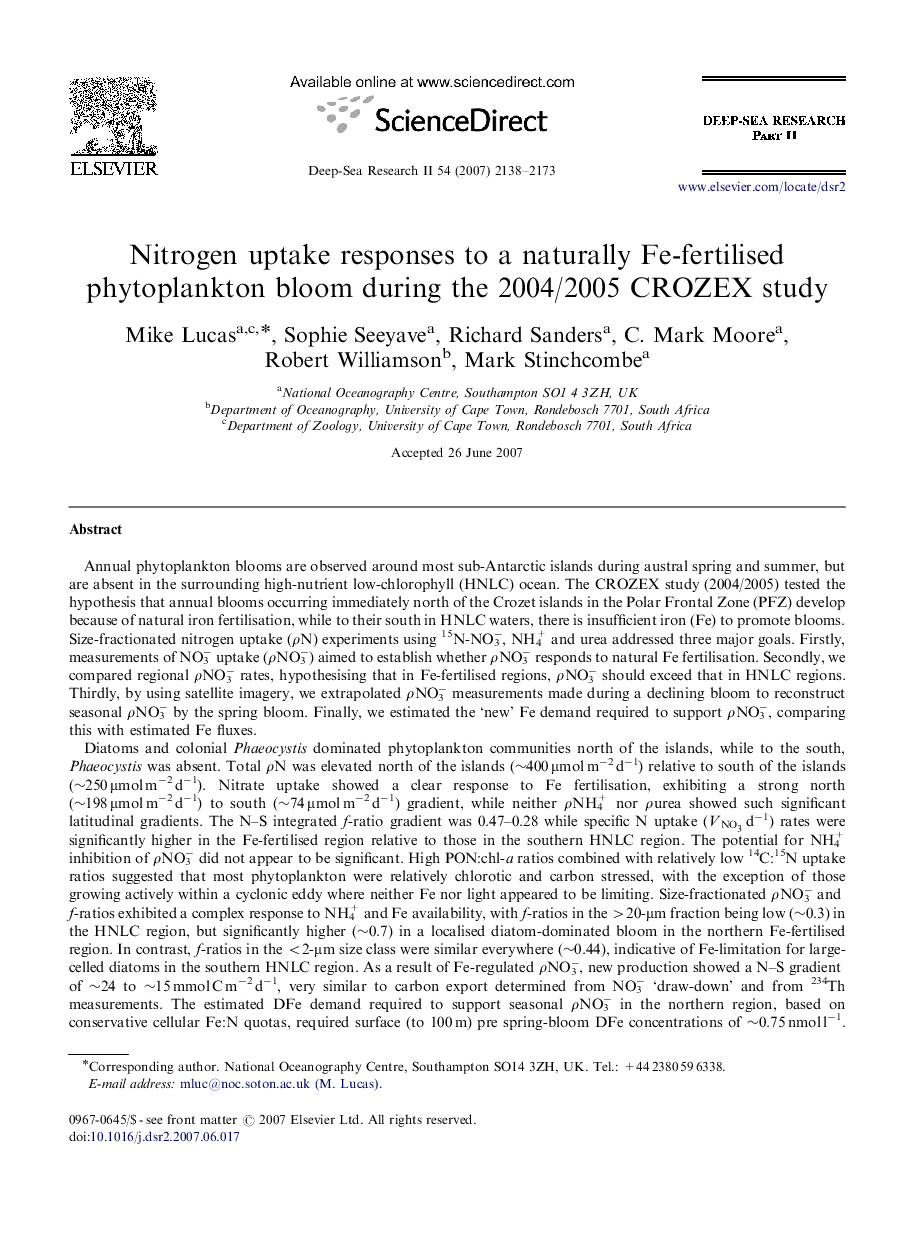 Nitrogen uptake responses to a naturally Fe-fertilised phytoplankton bloom during the 2004/2005 CROZEX study