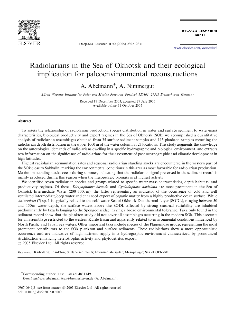 Radiolarians in the Sea of Okhotsk and their ecological implication for paleoenvironmental reconstructions