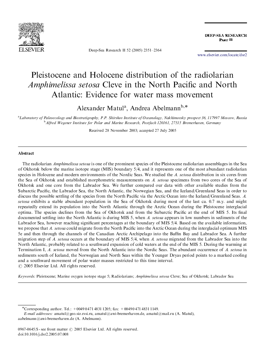 Pleistocene and Holocene distribution of the radiolarian Amphimelissa setosa Cleve in the North Pacific and North Atlantic: Evidence for water mass movement