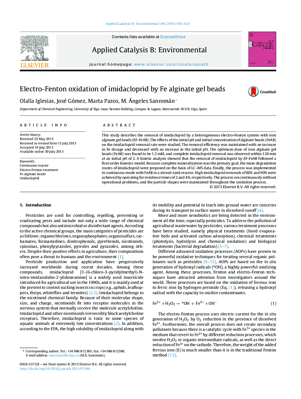 Electro-Fenton oxidation of imidacloprid by Fe alginate gel beads