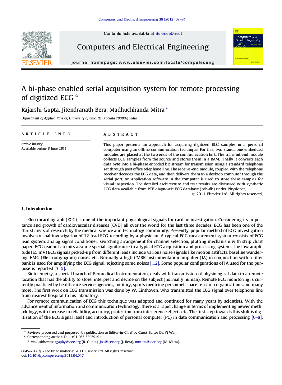 A bi-phase enabled serial acquisition system for remote processing of digitized ECG 