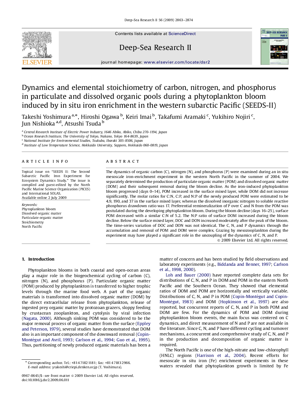 Dynamics and elemental stoichiometry of carbon, nitrogen, and phosphorus in particulate and dissolved organic pools during a phytoplankton bloom induced by in situ iron enrichment in the western subarctic Pacific (SEEDS-II)