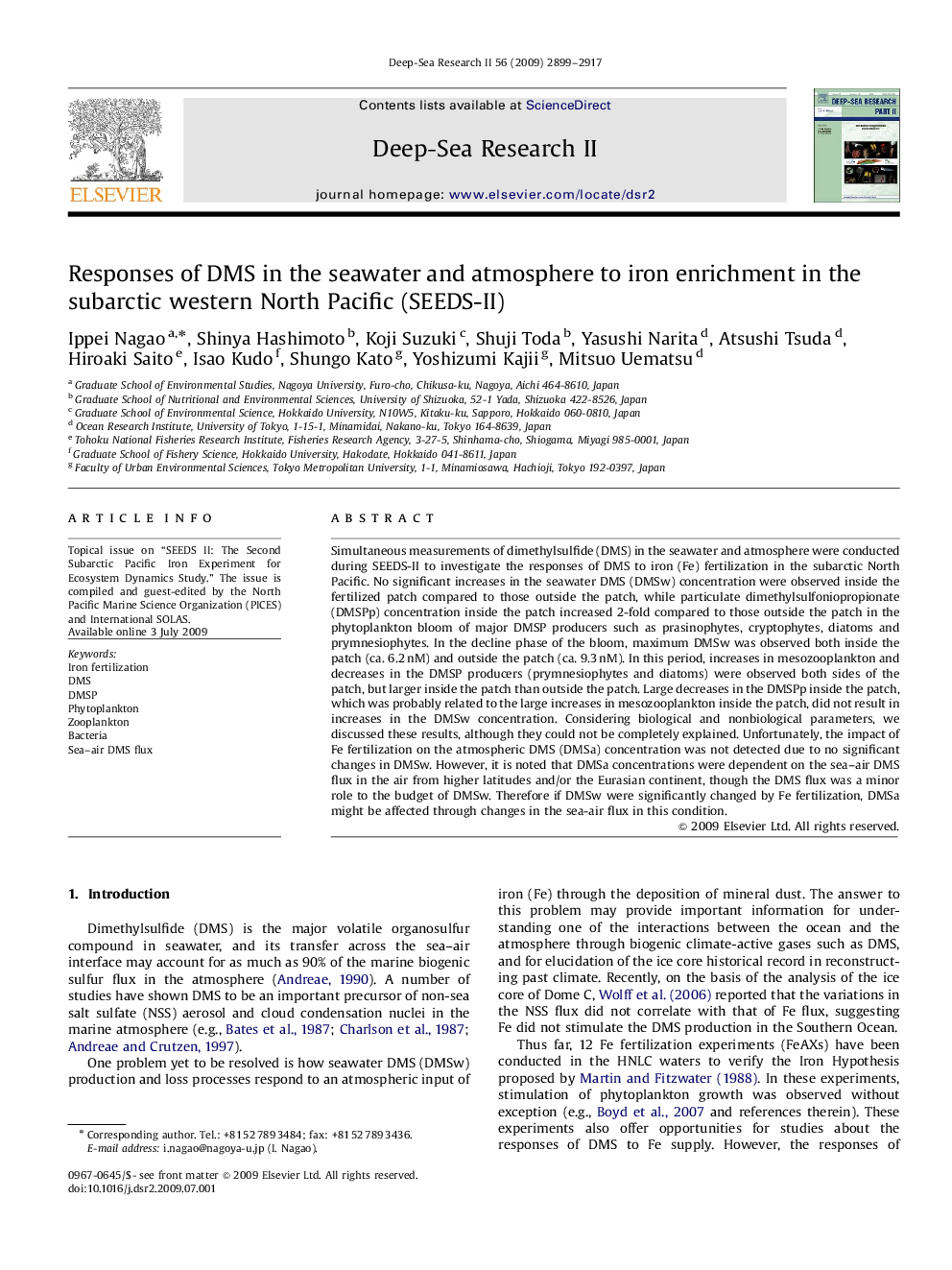 Responses of DMS in the seawater and atmosphere to iron enrichment in the subarctic western North Pacific (SEEDS-II)